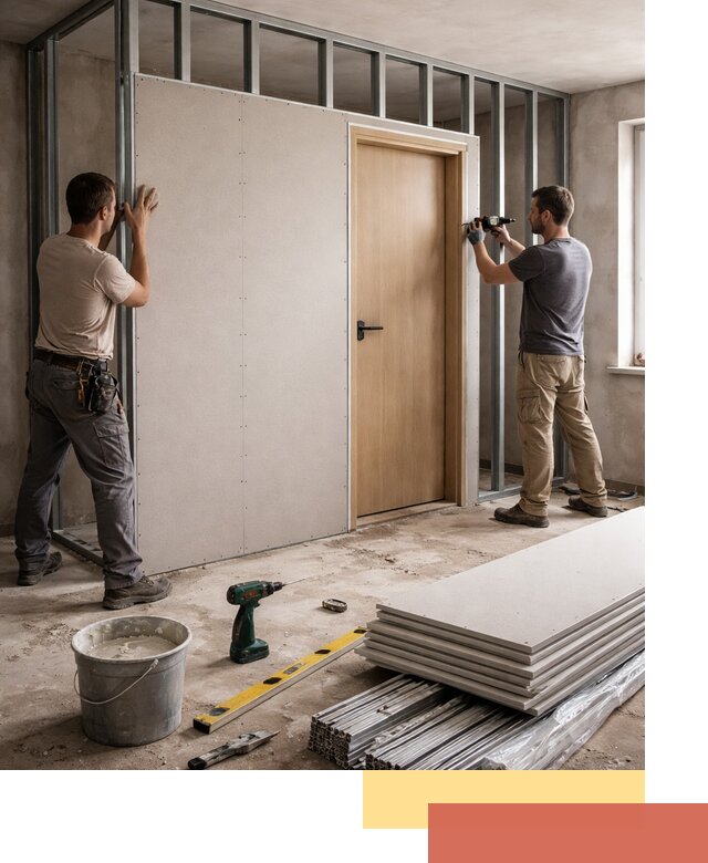 Перегородка из гипсокартона с дверью под ключ в Братске