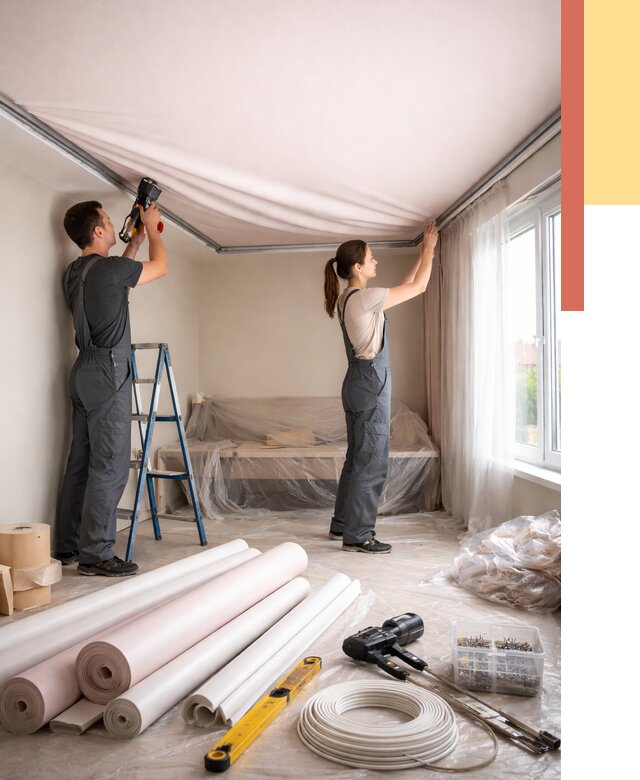 Монтаж цветного натяжного потолка в Братске от 4286 руб/м² — быстро и недорого | ОТДЕЛОЧНИК-Брт