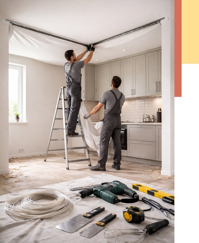 Установка натяжного потолка на кухне в Братске от 2449 руб. | ОТДЕЛОЧНИК-Брт