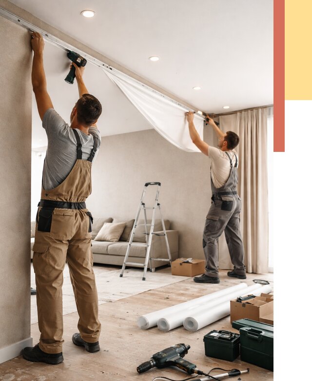 Монтаж натяжного потолка в гостиной в Братске от 561 руб. | ОТДЕЛОЧНИК-Брт