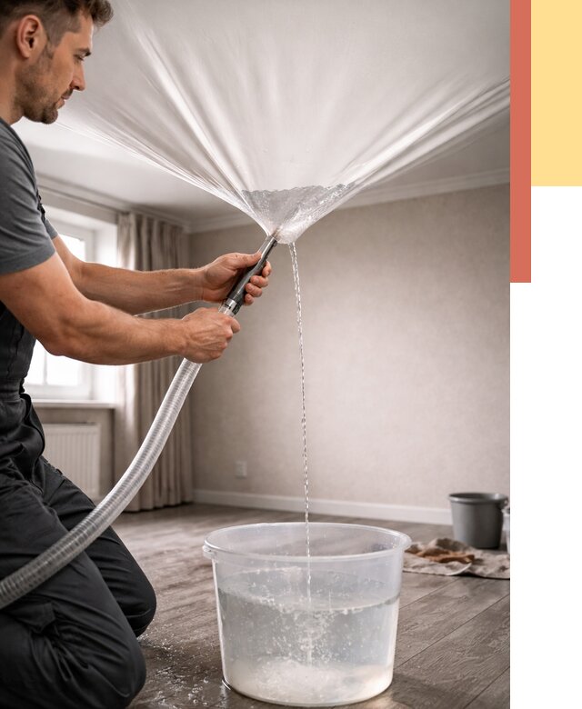 Слив воды с натяжного потолка в Братске от 2551 руб. быстро и недорого | ОТДЕЛОЧНИК-Брт