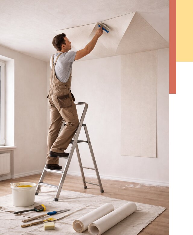 Поклейка обоев на потолок в Братске от 4592 руб. быстро и недорого | ОТДЕЛОЧНИК-Брт